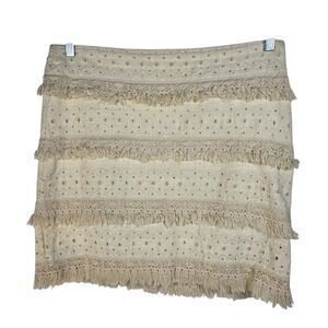 HD in Paris Cream Linen Blend Eyelet Fringe Tiered Mini Skirt Womens Size 8 Boho